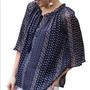 BB DAKOTA Blue and Blush Polka Dot Print Elisha Blouse
